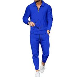 Osheoiso Jogginganzug Mode Herren Casual Anzug Langarm Polo + Hose Lang 2 Teiliges Sportanzug Outfit Sport Freizeit Sets Workout Gym Running Klassisch Pyjama A Blau 3XL von Osheoiso