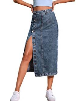 Osheoiso Rock Damen Mode Jeansrock mit Schlitz Langer Bleistiftrock Chic Freizeitrock Vintage Jeansrock mit Knöpfen Mädchen Röcke Bodycon Elegant Sommerrock A Grau S von Osheoiso