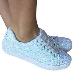 Osheoiso Sneakers Damen Pailletten Flache Low Sneaker Glitzer Turnschuhe Outdoor Freizeitschuh Schnürsenkel Walkingschuhe A Hellblau 42 EU von Osheoiso