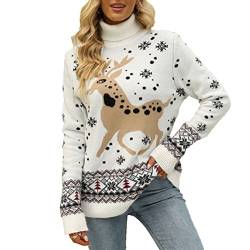 Osheoiso Weihnachtspullover Damen Strickpullover Lang Sweater Winter Langarm Strick Pulli mit Rentiermuster Elegant Weihnachten Party Oberteil für Frauen Mädchen A4 Weiß M von Osheoiso