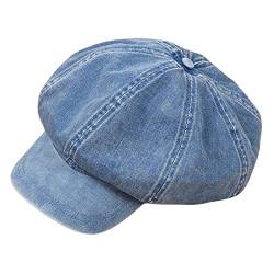 Oshhni Ballonmütze aus Denim, Baumwolle, für Damen, Mädchen, Visor, Baskenmütze, Vintage, weiche 8-Panel-Cabbie-Mütze, achteckiger Hut , Hellblau von Oshhni