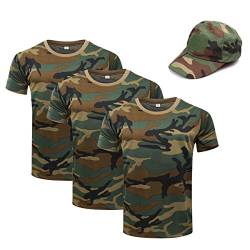 OttoBen Herren Damen Camo T Shirt & Baseballkappe 4 Teiliges Set, Atmungsaktiv Schnelltrocknend Kurzarm Rundhals Stretch Top, Outdoor Sports Laufen Trekking Angeln Jagd Shirts Dschungel Camo 3XL von OttoBen