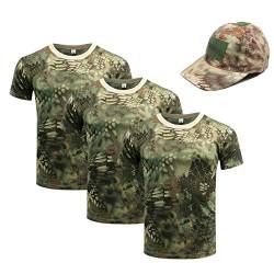 OttoBen Herren Damen Camo T Shirt & Baseballkappe 4 Teiliges Set, Atmungsaktiv Schnelltrocknend Kurzarm Rundhals Stretch Top, Outdoor Sports Laufen Trekking Angeln Jagd Shirts Grüne Python L von OttoBen