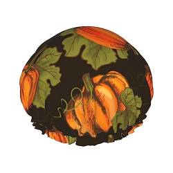 Orange Kürbis Herbst Ahorn fallende Blätter Muster Duschhaube und Badekappe für Frauen, wendbare übergroße wasserdichte Duschhauben, groß für alle Haarlängen, elastische wiederverwendbare Badehaarka von Oudrspo
