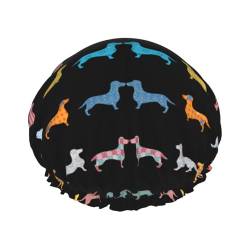 Wiederverwendbare Duschhaube für Damen, Hund-Dackel-Aquarell-Regenbogen, doppelt wasserdicht, elastisches Band, Bade-Haarhut, Haarhut mit Stretch-Saum von Oudrspo