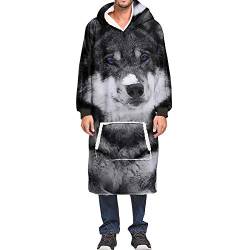 Ouduo Wolf Druck Kapuzenpullover Decke, 3D Übergroße Sherpa Hoodie Weiche Warme Riesen Sweatshirt Blanket Fronttasche Plüsch Pullover Decke mit Kapuze (Wolf 6,One Size) von Ouduo