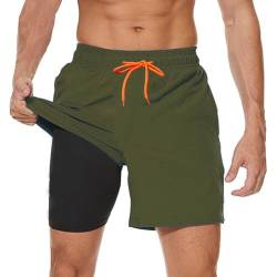 Ougelebo Badehose Herren mit Kompression Badeshorts Herren Kurz 2 in 1 Schnelltrocknend Männer Schwimmhose Schwimmshort Herren mit Reißverschluss Board Swim Shorts Armeegrün M von Ougelebo