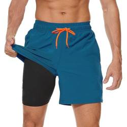 Ougelebo Badehose Herren mit Kompression Badeshorts Herren Kurz 2 in 1 Schnelltrocknend Männer Schwimmhose Schwimmshort Herren mit Reißverschluss Board Swim Shorts Pfauenblau M von Ougelebo