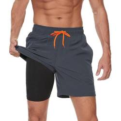 Ougelebo Herren Badehose Männer mit Kompression Badeshorts Herren Kurz 2 in 1 Schnelltrocknend Schwimmhose Schwimmshort Herren mit Reißverschluss Board Swim Shorts Grau XXL von Ougelebo