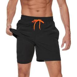 Ougelebo Herren Badehose Männer mit Kompression Badeshorts Herren Kurz 2 in 1 Schnelltrocknend Schwimmhose Schwimmshort Herren mit Reißverschluss Board Swim Shorts Schwarz XXL von Ougelebo