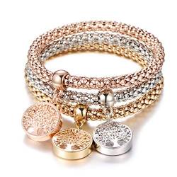 3pcs Stretch-Armband für Frauen, Pop-Corn-Kette Armband mit Charm-Anhänger Rose Gold Silber Manschette Armband für Freunde Geschenk (#4 Baum des Lebens, Farben mischen) von Ouran