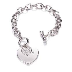 Damen Charm Armband, Herzform Anhänger Armband Mädchen Versilbert Gliederkette Armband mit Kristall (Versilbert) von Ouran