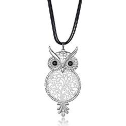 Lange Halskette für Frauen, Lucky Owl Anhänger Halskette mit CZ Kristall Schwarz Wachs Strang Halskette Mädchen Silber Halskette mit Strass (Vergoldet) von Ouran