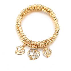 Ouran Frauen Charm Armband, Anker Anhänger Stretch Bead Armreif Freundschaftsarmband Armreif für Mädchen mit CZ Crystal (Vergoldet) von Ouran