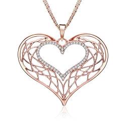 Ouran Halskette mit Herz-Anhänger für Damen, Charm, Roségold und Silber, lange Kette mit glänzendem Kristall, tolles Geschenk für Mädchen, Mutter, Freunde, Metall Kristall, zirkonia von Ouran