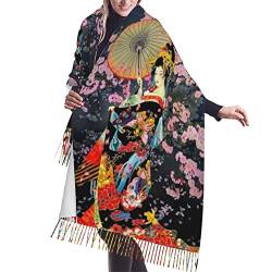 Schwarz / Weiß Schlangenhaut bedruckt Fransen Schal / warme Wollschal für Damen (196 x 68 cm), Japanische Geisha, One size von Ourdovi