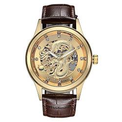 Ourui Armbanduhren,Chinesisches Drachentotem Mechanische Geschäftsuhr Lederarmband Herrenuhr, Goldgesicht Braunes Armband von Ourui