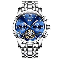 Smartwatches,Tourbillon Automatic Mechanical Watch Herren Hohl Edelstahl wasserdichte Leuchtuhr, Edelstahl Blau Oberfläche von Ourui