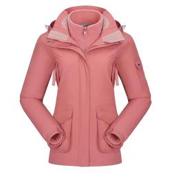 OutPro Damen 3-in-1-Skijacke wasserdicht winddicht Winterjacke Outdoor Wandern mit Fleece gefüttert doppellagige abnehmbare Kapuzen-Funktionsjacke,Rosa,S von OutPro