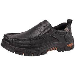 OutPro Herren Mokassins Slip On Loafers Leder Gummisohle Wanderschuhe,Schwarz,44 EU von OutPro