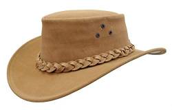Australien Style Cowboyhut aus Leder mit geflochtenem Hutband geschwungener Krempe, Unisex für Damen, Herren und Kinder-Wetterfest von Outbacker