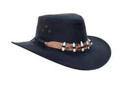 Australien Style Cowboyhut aus kräftigem Leder mit Fake Croc-Hutband und Zähnen- mit geschwungener Krempe, super robust Unisex für Damen, Herren und Kinder, hoher Sonnenschutz Faktor UPF50+ von Outbacker