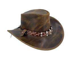 Australien Style Cowboyhut aus kräftigem Leder mit Fake Croc-Hutband und Zähnen- mit geschwungener Krempe, super robust Unisex für Damen, Herren und Kinder, hoher Sonnenschutz Faktor UPF50+ von Outbacker