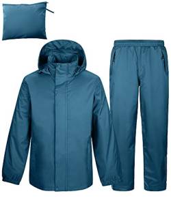 Herren Regenanzug Reflektierender Wasserdichter Anzug Outdoor Regenmantel Packbare Winddichte Regenjacke+Regenhose Atmungsaktive für Fischen Wandern Camping Blau L von Outdoor Ventures