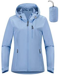 Outdoor Ventures Damen Regenjacke 10000MM Wasserdicht Leichte Gefüttert Packbar Sportjacke Funktionsjacke Atmungsaktiv Fahrrad Jacke mit Kapuze Hellblau XS von Outdoor Ventures