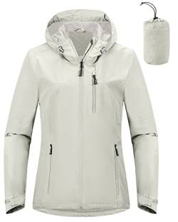 Outdoor Ventures Damen Regenjacke 10000MM Wasserdicht Leichte Gefüttert Packbar Sportjacke Funktionsjacke Atmungsaktiv Fahrrad Jacke mit Kapuze Hellgrau L von Outdoor Ventures