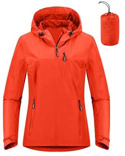 Outdoor Ventures Damen Regenjacke 10000MM Wasserdicht Leichte Gefüttert Packbar Sportjacke Funktionsjacke Atmungsaktiv Fahrrad Jacke mit Kapuze Orange 2XL von Outdoor Ventures