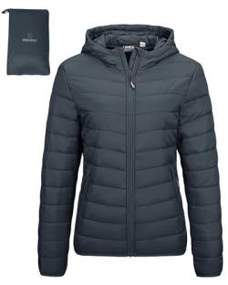 Outdoor Ventures Damen Steppjacke Leichte Packbare Übergangsjacke Warme Winterjacke mit Kapuze für Frauen Gefüttert Pufferjacke mit Taschen für Freizeit Wandern Reisen Dunkelgrau XS von Outdoor Ventures