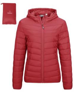 Outdoor Ventures Damen Steppjacke Leichte Packbare Übergangsjacke Warme Winterjacke mit Kapuze für Frauen Gefüttert Pufferjacke mit Taschen für Freizeit Wandern Reisen Rot 2XL von Outdoor Ventures