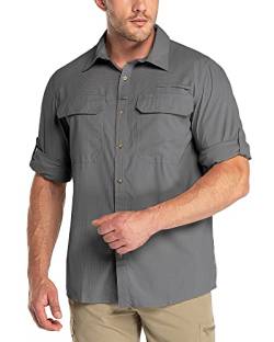 Outdoor Ventures Herren Langarm Hemd Outdoor Funktionshemd Schnelltrocknende Shirts Casual Freizeithemd Atmungsaktive Sportshemd Frühling Sommer Herbst mit Taschen für Wandern Camping Grau S von Outdoor Ventures