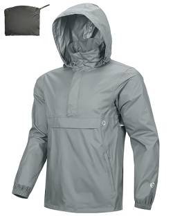 Outdoor Ventures Herren Regenjacke Wasserdichter Pullover mit Kapuze Packbare Reflektierende Jacke Leichte Fahrrad Windjacke Atmungsaktive Softshelljacke für Wandern Laufen Outdoor Grau 4XL von Outdoor Ventures