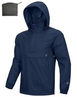 Outdoor Ventures Herren Regenjacke Wasserdichter Pullover mit Kapuze Packbare Reflektierende Jacke Leichte Fahrrad Windjacke Atmungsaktive Softshelljacke für Wandern Laufen Outdoor Navy Blau 2XL von Outdoor Ventures