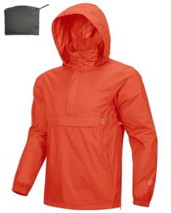 Outdoor Ventures Herren Regenjacke Wasserdichter Pullover mit Kapuze Packbare Reflektierende Jacke Leichte Fahrrad Windjacke Atmungsaktive Softshelljacke für Wandern Laufen Outdoor Orangerot L von Outdoor Ventures