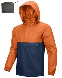 Outdoor Ventures Herren Regenjacke Wasserdichter Pullover mit Kapuze Packbare Reflektierende Jacke Leichte Fahrrad Windjacke Atmungsaktive Softshelljacke für Wandern Laufen Tieforange/Dunkelblau 2XL von Outdoor Ventures