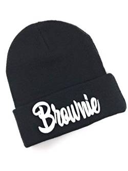 Outfitfabrik Beanie Brownie in schwarz mit 3D-Stick in weiß (warme Wintermütze, Geschenk, Haarfarbe braun), für Männer und Frauen, One Size, dehnbar von Outfitfabrik