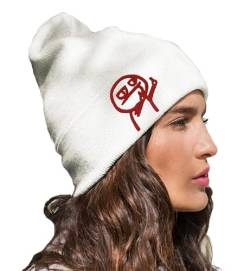 Outfitfabrik Beanie Männchen in Creme-weiß mit 3D-Stick in Bordeaux-rot (warme Wintermütze, Geschenk, Statement), für Männer und Frauen, One Size, dehnbar von Outfitfabrik