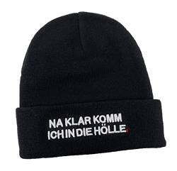 Outfitfabrik Beanie NA klar komm ich in die Hölle in schwarz mit 3D-Stick in weiß und rot (Strickmütze, warme Wintermütze, Statement, Provokation) für Männer und Frauen, dehnbar von Outfitfabrik