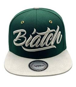 Outfitfabrik Snapback Cap Biatch in Old-English-Green mit Schirm im Alcantara-Stil und 3D-Stick (Festival, Provokation, Statement, Beleidigung) von Outfitfabrik