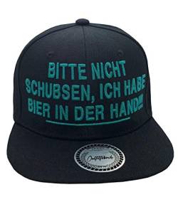 Outfitfabrik Snapback Cap Bitte Nicht schubsen, ich Habe Bier in der Hand in schwarz mit petrolblauem 3D-Stick (Festival, Alkohol, Statement, Saufen) für Männer und Frauen, Größe verstellbar von Outfitfabrik