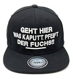 Outfitfabrik Snapback Cap Geht Hier was kaputt, pfeift der Fuchs in schwarz mit 3D-Stick in weiß (Lifestyle, Provokation, Statement, lustige Sprüche) für Männer und Frauen, One Size von Outfitfabrik