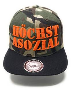 Outfitfabrik ❤️ Snapback Cap Höchst asozial in Camouflage, Schirm in schwarz, 3D-Stick in neon-orange (Statement, Provokation) für Männer und Frauen, One Size, verstellbar an der Rückseite von Outfitfabrik