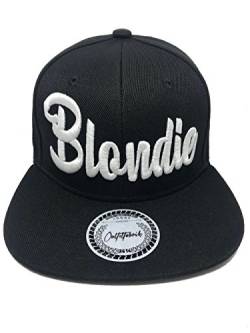 ♥ Outfitfabrik ♥ Snapback Cap Stickerei für Damen "Blondie", Kappe in schwarz mit geradem Schirm und hochwertigem 3D-Stick in weiß, One-Size, verstellbar an der Rückseite von Outfitfabrik