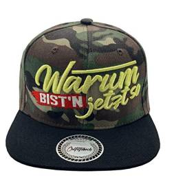 Outfitfabrik Snapback Cap Warum bist´n jetzt so in Camouflage mit 3D-Stick (Lifestyle, Provokation, Statement, Urlaub) für Männer und Frauen, verstellbar von Outfitfabrik