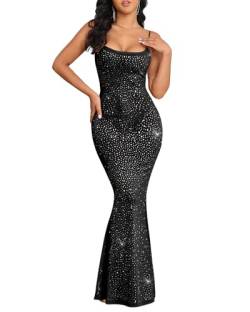 Outoshe Damen Durchsichtiges Mesh Glänzend Strass Maxikleid Ärmellos Spaghettiträger Bodycon Lange Kleider, Schwarz, Groß von Outoshe