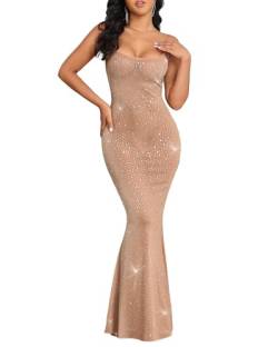 Outoshe Damen Durchsichtiges Mesh Glänzend Strass Maxikleid Ärmellos Spaghettiträger Bodycon Lange Kleider, hautfarben, X-Groß von Outoshe