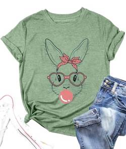 Lustiges T-Shirt mit Hasen-Print für Damen, niedliches Grapic-Leoparden-Shirt, Familienbluse, Geschenke, Oster-Tops, Ea-green 32, Mittel von Ovazly